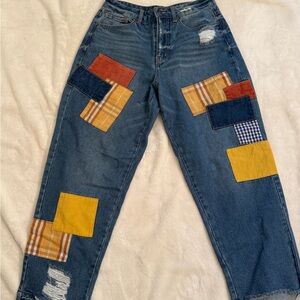 Forever 21 Blue Denim Boyfriend Jeans with Yellow & Orange Patchwork